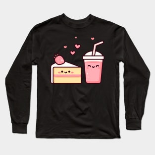 Kawaii Strawberry Lovers Design with Strawberry Cake and Milkshake | Cutesy Kawaii Long Sleeve T-Shirt